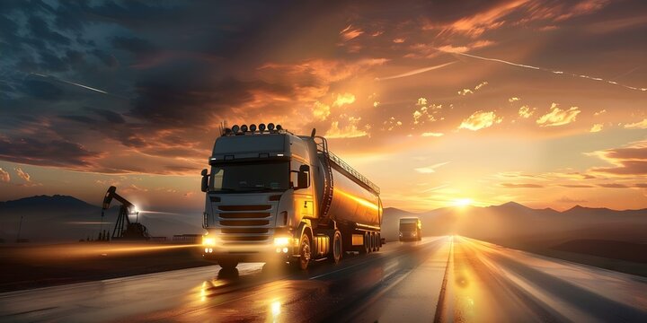 Trucking oil and gas at an oil refinery for transportation. Concept Oil Refinery, Trucking Industry, Transportation Logistics, Energy Sector, Environmental Impact