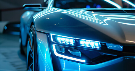 front view of modern aggressive luxury car, headlight lamp, fancy expensive status sports vehicle,...