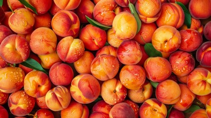 Top view of a background filled with fresh ripe peaches, showcasing their vibrant orange color and...