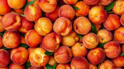 Top view of a background filled with fresh ripe peaches, showcasing their vibrant orange color and...