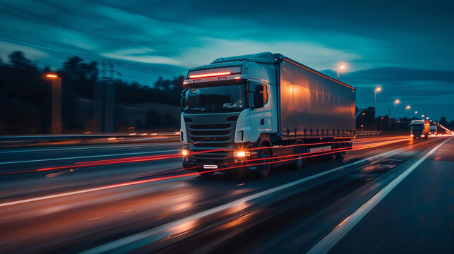 modern freight truck driving by highway at night, blurred motion, logistics and delivery shipping concept