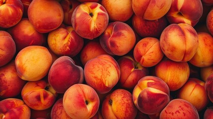 Top view of a background filled with fresh ripe peaches, showcasing their vibrant orange color and...