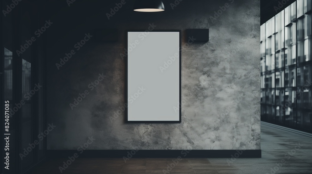 Poster a large empty wall with a light hanging from the ceiling