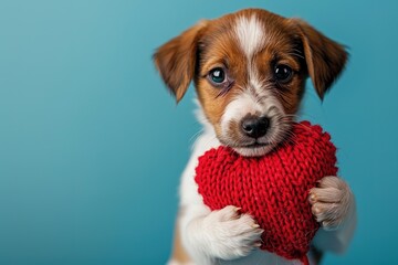 A cute puppy with a paper heart in its paws on a blue background with a copy of the space