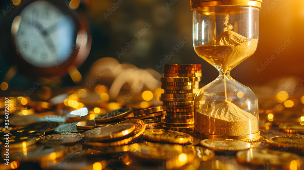 Wall mural Golden coins and hour glass sand clock. Time is money concept. Investing long term, mutual funds return.