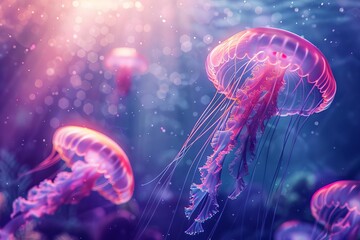 ethereal underwater scene with graceful jellyfish and shimmering light rays dreamy ocean illustration