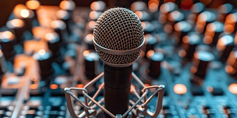 Professional microphone surrounded by audio equipment on blurred background capturing music...