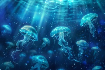 ethereal underwater scene with graceful jellyfish and shimmering light rays dreamy ocean illustration