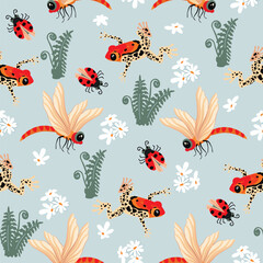Wild animal seamless pattern with cartoon frog,dragonfly and ladybug.Floral background with fern, chamomile.Colorfull print on fabric and paper.Vector design for nursery wall decor,wallpaper,cover.