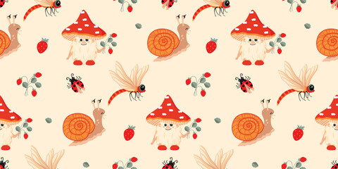 Funny seamless pattern with cartoon fly agaric,snail,dragonfly and ladybug.Pink background with fruits and leaves strawberry.Print on fabric and paper.Vector design for nursery wall decor,wallpaper.