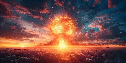 Dramatic nuclear explosion with stormy sky and powerful shock wave in motion. Concept Nuclear Explosion, Stormy Sky, Shock Wave, Dramatic Scene, Motion Effects