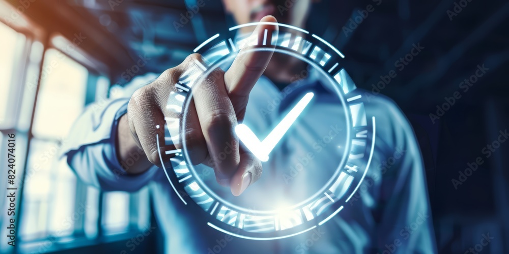 Poster a businessman touching a futuristic holographic interface with a checkmark, symbolizing success, mod