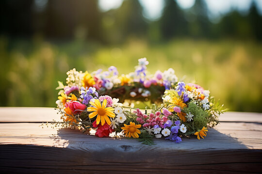 A colorful flower wreath, summer solstice symbol, midsummer celebration