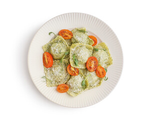 Plate of tasty ravioli with tomatoes and cheese on white background