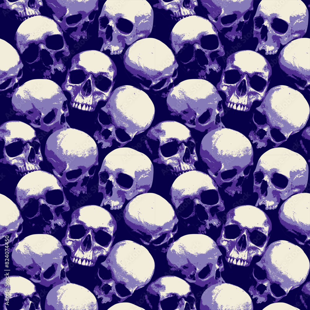 Poster seamless pattern with human skulls. vector background with sinister smiling skulls in retro style. g