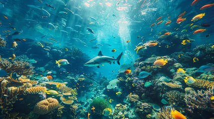 Fototapeta premium Describe a protected marine sanctuary where various species of fish, sharks, and sea mammals thrive in a pristine environment, Close up