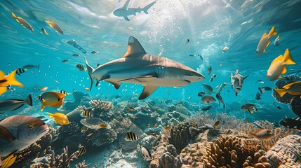 Describe a protected marine sanctuary where various species of fish, sharks, and sea mammals thrive...