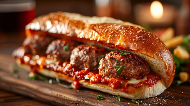Describe a rich and savory meatball sub with juicy meatballs, marinara sauce, and melted mozzarella cheese on a toasted sub roll, Close up