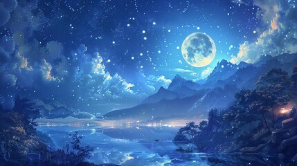 Describe a scene of a night sky filled with sparkling stars and a glowing full moon illuminating a tranquil landscape, Close up