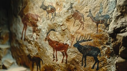 Describe a scene of ancient rock art depicting hunters and animals on the walls of a cave, Close up
