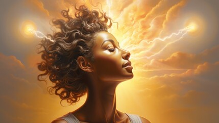 Bioenergetics. A woman receives filling charges of energy from space