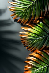 Green tropical palm leaves against a dark background, casting shadows and creating a vibrant, lush appearance. Poster and banner
