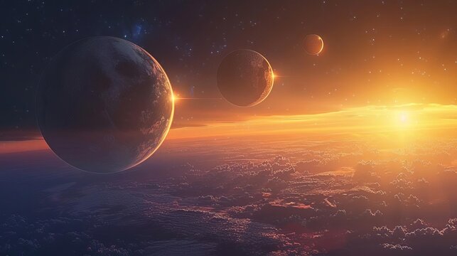 Describe a serene scene where planets align in a perfect line, creating a rare and beautiful celestial phenomenon, Close up