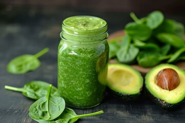 Healthy homemade spinach avocado smoothie in a mason jar surrounded by fresh ingredients