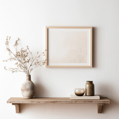 A mockup of a frame for showcasing designs, the frame is standing on a table and leaning against the wall. Behind it, the frame is empty, with walls in light colors. 