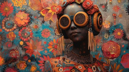 A robot adorned in a floral boho dress with fringe details, surrounded by psychedelic patterns