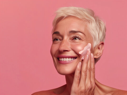 Mature woman applying sunscreen on face with a smile. Generative AI image