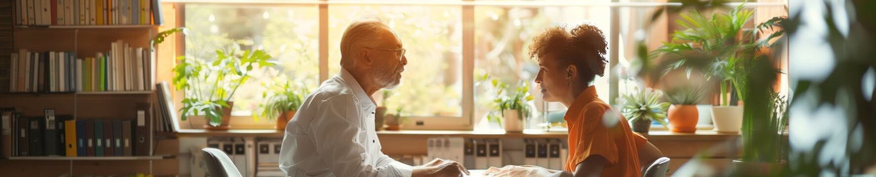 Wide-angle shot of a speech therapist guiding an adult in fluency drills