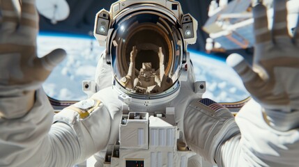A shot from behind an astronauts perspective showing a virtual reality image of their hand holding onto a railing as they float outside the space station.
