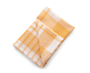 Fabric yellow striped napkin on white background. Top view