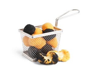 Metal basket with different delicious fried mozzarella balls on white background
