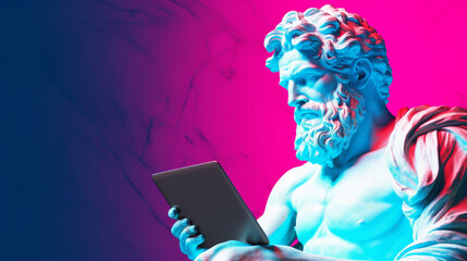 Marble statue of Zeus with tablet in vibrant pop-art style, merging classical mythology and modern technology