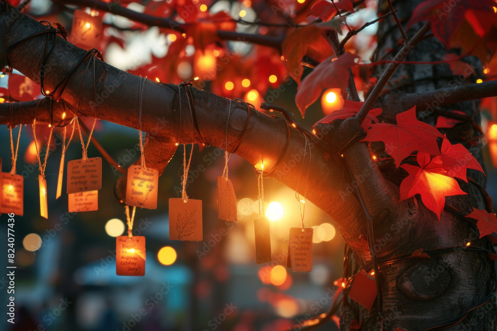 Sticker Enchanting evening scene with a tree decorated with hanging lanterns and autumn leaves, creating a magical ambiance.