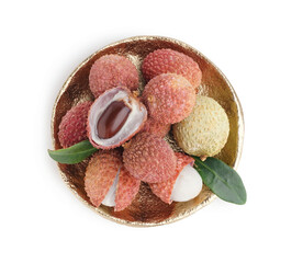 Plate with tasty litchi fruit on white background