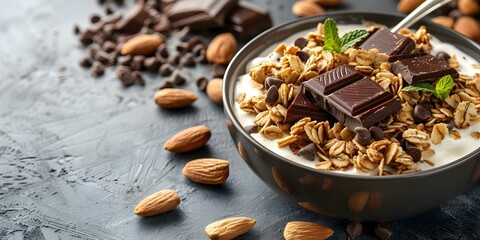 Granola yogurt with chocolate almonds on grey concrete healthy breakfast. Concept Food Photography, Healthy Eating, Breakfast Ideas, Granola Recipes, Nutritious Meals