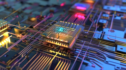 Obraz premium A close-up of a central processing unit on a vibrant, illuminated circuit board showcasing the intricacy of modern technology and computing power.