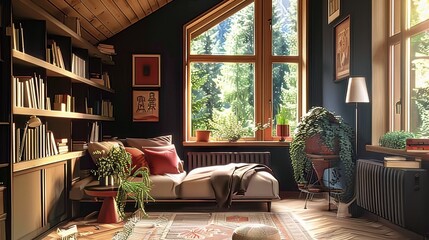Fototapeta premium Elegant living room adorned with sizable windows and a fireplace, exuding a modern ambiance