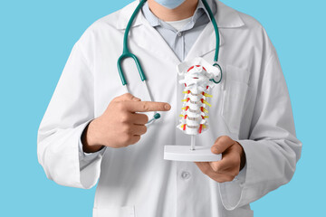 Male doctor pointing at spine model on blue background