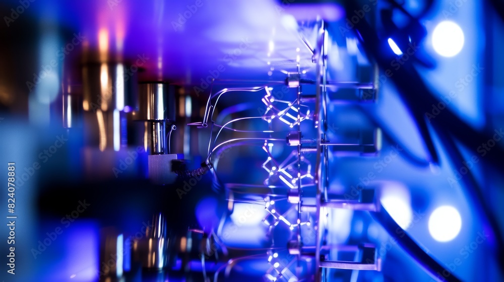 Poster a perspective view of a corridor-like circuit with illuminated blue pathways and technology elements