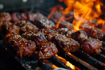 Juicy marinated meat skewers cook on a smoky barbecue grill with vivid flames