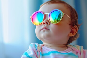 Close-up of a cute baby with big rainbow sunglasses reflecting the sky