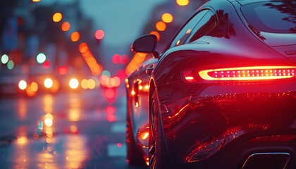rear view of modern luxury car on night road, new shiny auto vehicle in traffic, back lamp light view, illuminated city. on background