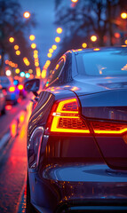 rear view of modern luxury car on night road, new shiny auto vehicle in traffic, back lamp light view, illuminated city. on background