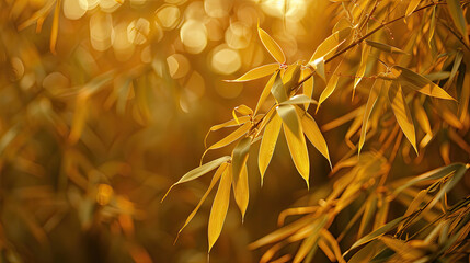 Arafed branch with yellow bamboo leaves, glowing in sunlight. Perfect for nature backgrounds,...