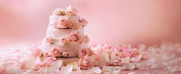 Elegant three-tier pink wedding cake adorned with roses. Ideal for wedding invitations, baking promotions, and romantic event advertising. Copy space