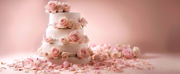Elegant three-tier pink wedding cake adorned with roses. Ideal for wedding invitations, baking promotions, and romantic event advertising. Copy space